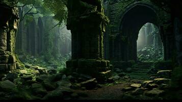 Generative AI, Old green ruins of historical building overgrown by moss and grass photo