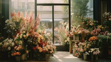 generativo ai, calle floral tienda con vistoso flores, estético apagado colores foto