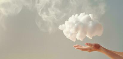 Generative AI, hand holding cloud, sky background. The development of the imagination concept photo