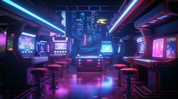 Generative AI, Cyberpunk style game bar or cafe. Night scene of big city, futuristic nostalgic 80s, 90s. Neon lights vibrant colors, photorealistic horizontal photo