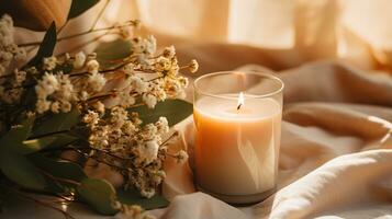 Generative AI, burning candle on beige background. Aesthetic muted composition dry flowers, textile. Home interior, comfort, spa, relax and wellness concept. photo