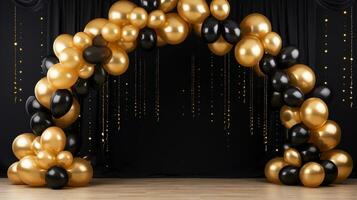 Generative AI, arch of black and golden balloons. Mock up for Black Friday or other holiday 3d background photo