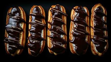 Generative AI, Assortment of eclairs, top view, sweet food. Traditional french dessert photo