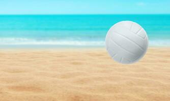 Beach landscape with volleyball ball. Summer. Background is sea water and blue sky. photo