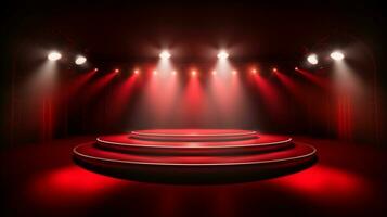 Empty stage of the theater and theatrical serenity, red stage light. Generative ai. photo