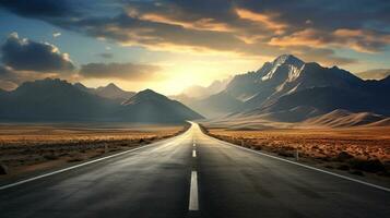 la carretera mediante el escénico paisaje a el destino, un largo Derecho la carretera camino viaje hacia montañas. creado con ai generativo. foto