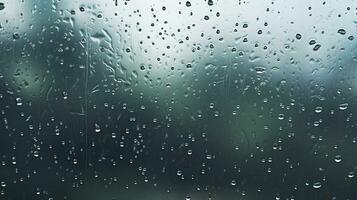 Raindrops on window glasses surface with the gray sky background. Generative ai. photo