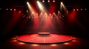 Empty stage of the theater and theatrical serenity, red stage light. Generative ai. photo