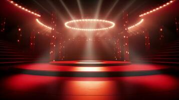 Empty stage of the theater and theatrical serenity, red stage light. Generative ai. photo
