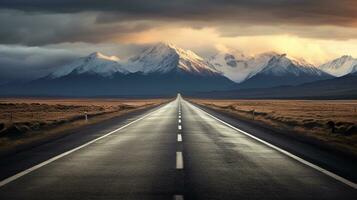 la carretera mediante el escénico paisaje a el destino, un largo Derecho la carretera camino viaje hacia montañas. creado con ai generativo. foto