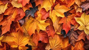 Top view of red, orange, and yellow leaves background, fallen leaves in autumn. Created with AI Generative. photo