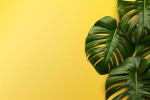 Green Foliage with copyspace, Lush Monstera Leaves on a yellow Background. Created with AI Generative. photo