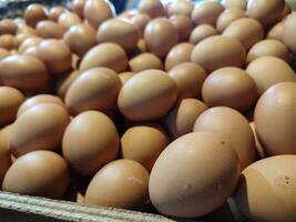pile of chicken eggs being sold in the market. food background photo