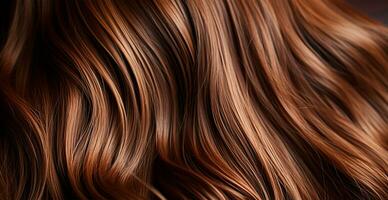 Brunette hair close-up as background. Women's long natural dark hair. Girl with wavy shiny curls - AI generated image photo