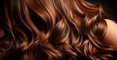 Brunette hair close-up as background. Women's long natural dark hair. Girl with wavy shiny curls - AI generated image photo