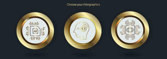 Tres prima artificial inteligencia botones concepto, dorado ai botones versión en un oscuro antecedentes vector