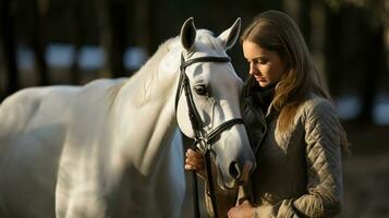 hermosa niña con un blanco caballo en otoño puesta de sol. foto