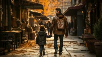 Father and son walking on a street in Paris at autumn time. photo