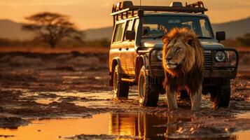 Lion against safari SUV car in the savanna of Etosha National Park in Namibia. photo