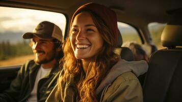 Young friends sit at car on road trip. Couple going on a long drive. photo