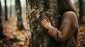 joven hermosa niña en un marrón suéter soportes cerca un árbol y abrazo eso en el otoño bosque. foto