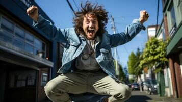 Portrait of a happy young man jumping in the street on a sunny day. photo