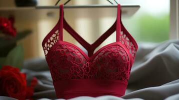 Beautiful red lingerie bra on a bed in the morning light. photo