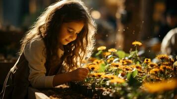 pequeño niña plantando flores en el jardín en dorado hora. foto