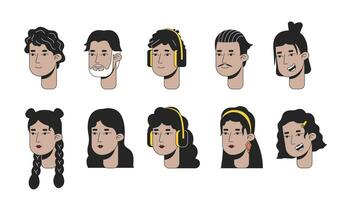 Generations hispanic 2D linear cartoon character faces set. Latin american isolated line vector heads people white background. Different ages and genders color flat spot illustration collection