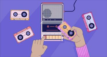 Inserting cassette tape into player lofi wallpaper. Listening music 80s 2D hands cartoon flat illustration. Putting tape inside recorder device chill vector art, lo fi aesthetic colorful background