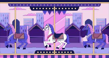 Sunset city carousel horses lofi wallpaper. Fairground merry-go-round cityscape urban 2D scene cartoon flat illustration. Retro amusement park chill vector art, lo fi aesthetic colorful background