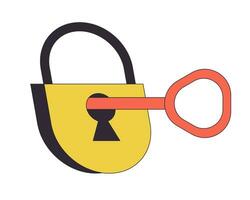 Key in padlock flat line color isolated vector object. Unlock. Editable clip art image on white background. Simple outline cartoon spot illustration for web design