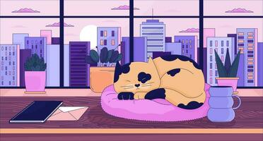 Cityscape sunset cozy desk with sleeping cat lofi wallpaper. Workplace table kitten sleepy 2D character cartoon flat illustration. Hygge office chill vector art, lo fi aesthetic colorful background