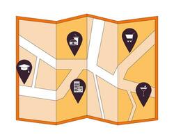 Neighborhood map with pinpoints 2D linear cartoon object. Entertainment education. Downtown location pins isolated line vector element white background. Urban planning color flat spot illustration