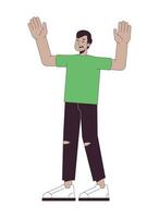 Shocked frustrated indian man holding hands up 2D linear cartoon character. Wow astonished south asian guy isolated line vector person white background. Scared gesture color flat spot illustration