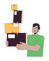 Troubled indian guy carrying unsteady cardboard boxes 2D linear cartoon character. Parcels holding south asian man isolated line vector person white background. Stressed color flat spot illustration