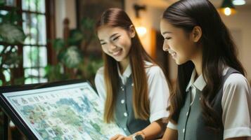 dos hermosa asiático mujer mirando a mapa en toque pantalla a escuela. foto