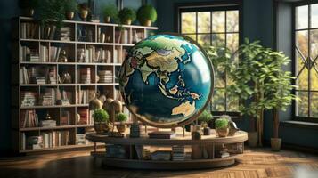 Big Earth globe on a shelf in a library room. photo