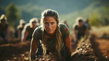 Woman with group of participants in an obstacle course crawling in dirt. photo