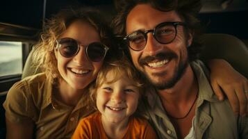 Happy family in sunglasses looking at camera while traveling on backseat of bus van. photo