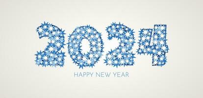 Happy 2024 banner in style of paper cut. Made of many stars and snowflakes. New year concept. Simple greeting card, blue inscriptions. Vector flat design.