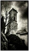 Dramatic Black and White Photo of Old Stone Church in Eze Village, South France Riviera.