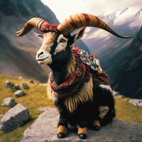 Alpine Majesty   AI generated Image of Ibex with Mountain Background photo