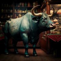 ai generado caos toro en un China tienda foto