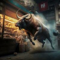 ai generado caos toro en un China tienda foto