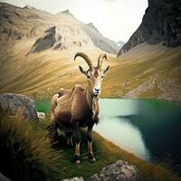 Alpine Majesty   AI generated Image of Ibex with Mountain Background photo