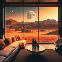 Futuristic Living Modern Lounge with a View of Alien Desert Planet and Moon in AI Generated Imagery. photo