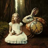 ai generado mundo maravilloso Alicia y el blanco Conejo foto