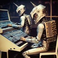 Retrofuturistic Androids Jamming on Synths   generative ai photo