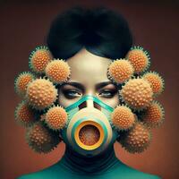 elegancia en medio de epidemia ai generado imagen de un mujer con un virus peinado vistiendo un máscara foto
